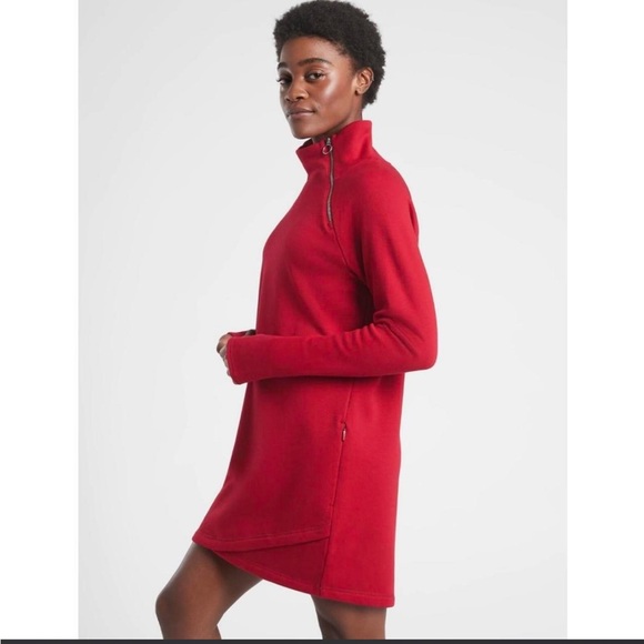 Athleta Cozy Karma Asym Sweatshirt Dress Red Mock Neck Zippered Pullover - Picture 2 of 11